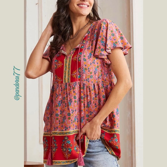 SUZANNE BETRO—WEEKEND PINK & BURGUNDY FLORAL FLUTTER-SLEEVE, EMPIRE WAIST TUNIC. - Picture 2 of 5